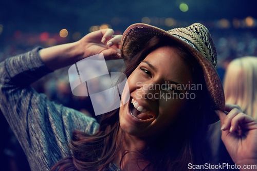 Image of Happy woman, portrait and face at music festival party, event or DJ concert for outdoor night. Excited female person smile in evening crowd or audience at carnival, performance or summer fest outside