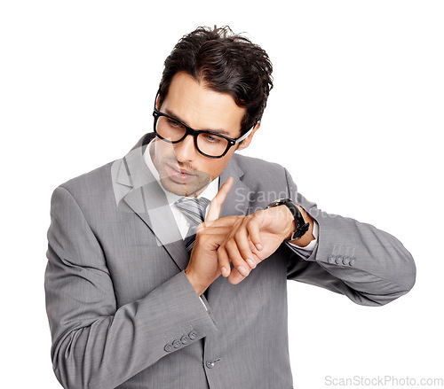 Image of Business man check watch, time and isolated on a white background in studio. Professional, tap on wristwatch and clock, waiting and punctual, schedule and countdown for corporate consultant in suit