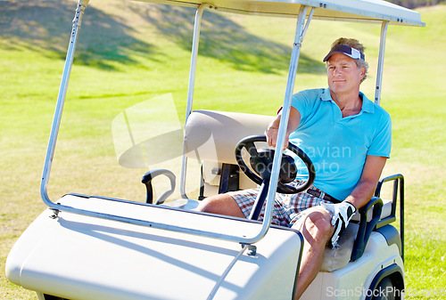 Image of Man, golf cart and relax driving on grass for sports exercise or competition, challenge or holiday. Mature person, face and field transport on course for professional training, game or tournament