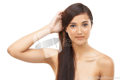 Image of Hair care, woman and portrait or cosmetics in studio with keratin treatment, soft texture and shampoo shine. Model, Indian person and face with hairstyle, beauty and collagen glow on white background