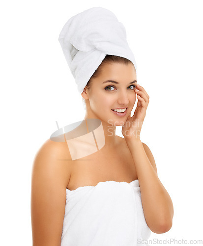 Image of Shower, towel or hand on face of woman in studio for wellness, skincare or pamper on white background. Portrait, smile or model with body care, cleaning or cosmetic, routine or treatment results