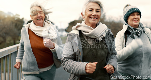 Image of Senior friends, women and walking with fitness, exercise and fresh air with happiness, wellness and health. Female people, mature ladies and group with speed walk, training and energy with freedom