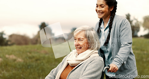 Image of Happy, senior woman and outdoor with caregiver, nurse or healthcare service for person with a disability and wheelchair. Face, smile and elderly lady in park with care or support in retirement