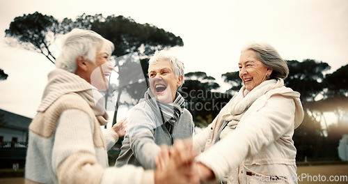 Image of Lawn bowling, senior women and high five with sport motivation and celebration outdoor. Winner, elderly friends and female group with exercise, fitness and workout in a garden for wellness and health