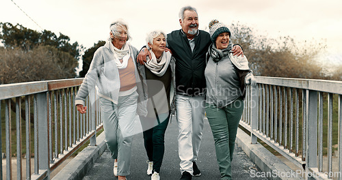 Image of Senior people, fitness group and bridge with laugh, care or walk for training together, health or retirement. Elderly friends, hug and conversation with exercise, outdoor workout or pointing in park