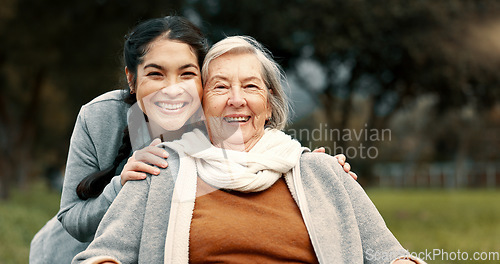 Image of Portrait, senior woman and outdoor with caregiver, nurse or healthcare service for person with a disability and wheelchair. Happy, face and elderly lady in park with care and support in retirement