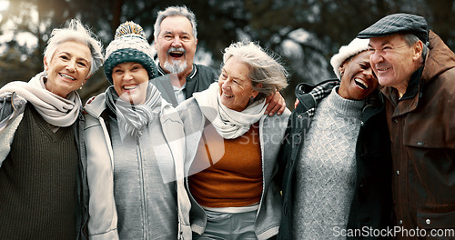 Image of Happy, portrait and senior friends in a park while walking outdoor for fresh air together. Diversity, smile and group of elderly people in retirement taking picture and bonding in a forest in winter.