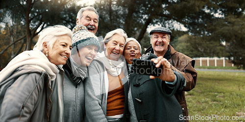 Image of Excited, selfie and group of senior friends in outdoor green environment for fresh air. Diversity, happy and elderly people in retirement taking picture together while exploring and bonding in a park