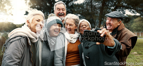 Image of Excited, selfie and group of senior friends in outdoor green environment for fresh air. Diversity, happy and elderly people in retirement taking picture together while exploring and bonding in a park