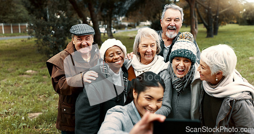 Image of Nature, selfie and senior friends with woman while walking in outdoor garden for fresh air. Diversity, happy and group of elderly people in retirement taking picture with young female person in park.