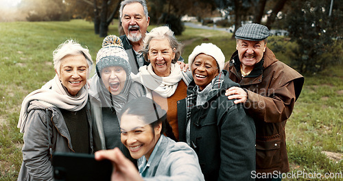 Image of Nature, selfie and senior friends with woman while walking in outdoor garden for fresh air. Diversity, happy and group of elderly people in retirement taking picture with young female person in park.
