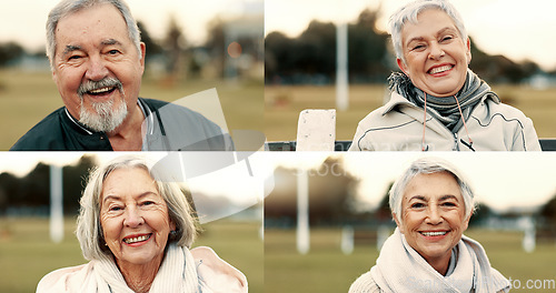 Image of Collage, sports field and portrait of senior people faces as fans at a match and happy for competition and confident. Happiness, smile and positive elderly group laughing at outdoor on retirement