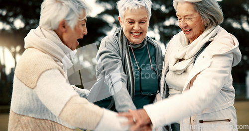 Image of Fitness, park or senior women in huddle, training or exercise for wellness, solidarity or teamwork outdoors. Happy ladies, group success or elderly friends raising arms for workout support together