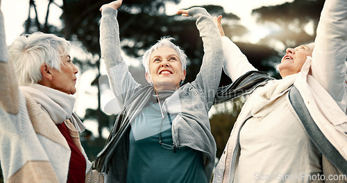 Image of Fitness, park or senior women in huddle, training or exercise for wellness, solidarity or teamwork outdoors. Happy ladies, group success or elderly friends raising arms for workout support together