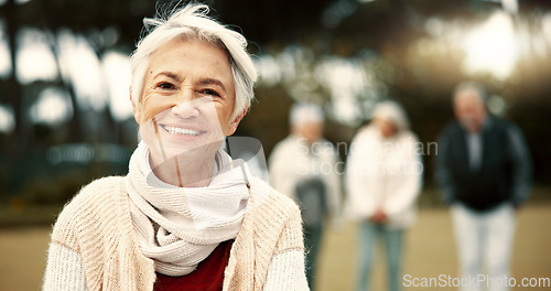Image of Face, senior woman and smile in nature on vacation, holiday or travel in winter. Portrait, happy and elderly person in the countryside, park or garden for wellness, freedom or fresh air in retirement