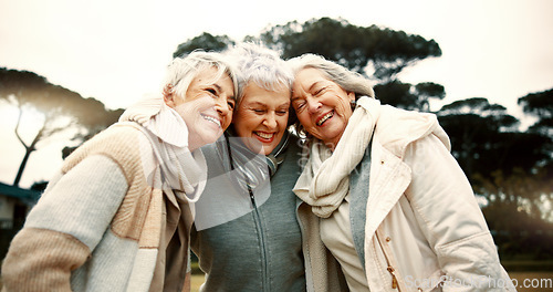 Image of Hug, park and senior women with retirement, smile and happiness with bonding, quality time and relax. Friends, old ladies and female people outdoor, happy and retired with embrace, peace and wellness