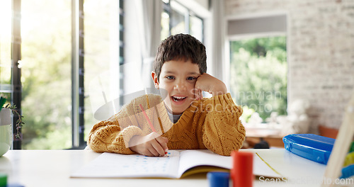 Image of Home learning, education or face of kid in kindergarten studying for knowledge or growth development. Smile, portrait or happy child writing or counting on numbers to study for test in notebook alone