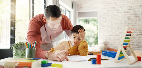 Image of Home learning, father or kid in kindergarten studying for knowledge, education or growth development. Abacus, dad teaching or child writing, working or counting on numbers for math test in notebook