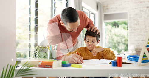 Image of Home learning, father or kid in kindergarten studying for knowledge, education or growth development. Abacus, dad teaching or child writing, working or counting on numbers for math test in notebook