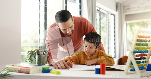 Image of Home learning, dad or school kid in kindergarten studying for knowledge, education or growth development. Happy, father teaching or boy writing, working or counting numbers for math test in notebook