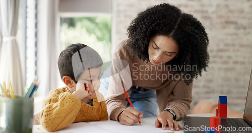 Image of Homework, learning and help with mother and son for homeschooling, research and math. Education, study and teaching with woman and kid in family home for child development, writing and knowledge