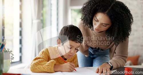 Image of Homework, learning and help with mother and son for homeschooling, research and math. Education, study and teaching with woman and kid in family home for child development, writing and knowledge