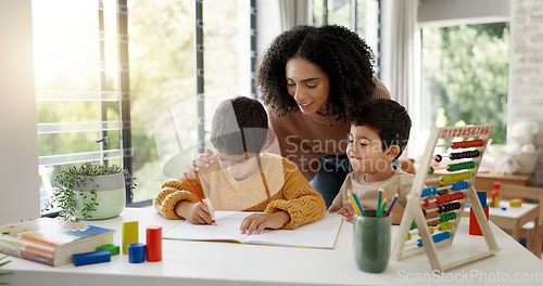 Image of Homework, learning and help with mother and children for homeschooling, research and math. Education, study and teaching with woman and kids in family home for child development, writing or knowledge