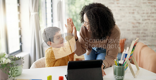 Image of Mom, high five or child with tablet for elearning education, development growth or homework success. Family, happy mother or school kid with motivation, support or teaching for an online project