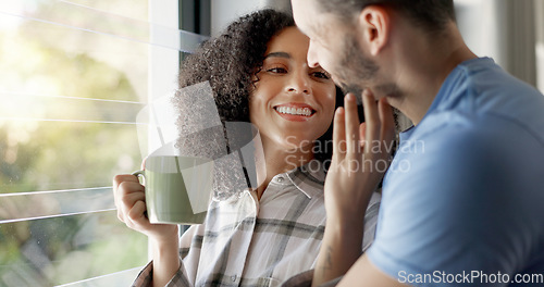 Image of Love, married people with hug and in their home together for bonding time. Support or commitment, romance or care and happy young couple cuddle for affection or embracing company in their house