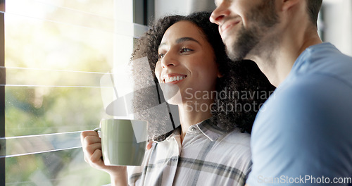 Image of Love, married people with hug and in their home together for bonding time. Support or commitment, romance or care and happy young couple cuddle for affection or embracing company in their house