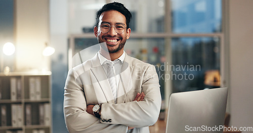 Image of Professional business office, arms crossed and happy man, night worker or admin smile for career, job or work vocation. Manager, expert or portrait person confident, smile and pride in administration