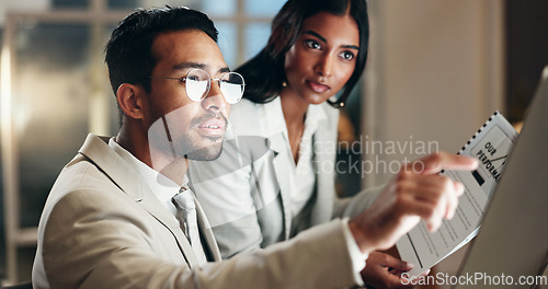 Image of Computer, night or business people teamwork on office research, planning or cooperation on financial budget review. Reading, report or finance team collaboration, smile and nodding for growth success