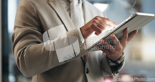Image of Office tablet, night and hands of person typing, scroll or check research, planning or customer experience analysis. Feedback review, closeup and professional media analyst working on online project