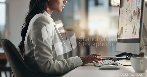 Image of Computer screen, keyboard and hands of business person typing SEO research, internet search and review website design. Mouse, online site and closeup corporate designer working on webdesign project