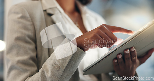 Image of Tablet, night and hands of business person typing, scroll or check social network feedback, communication or customer experience. Research, closeup and corporate boss working on online data analysis