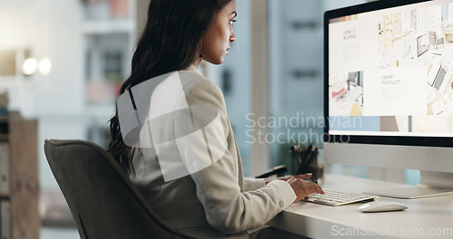 Image of Computer, screen and business woman typing SEO research, company homepage layout or search website info. Wireframe process, office and female web designer working on professional webdesign project