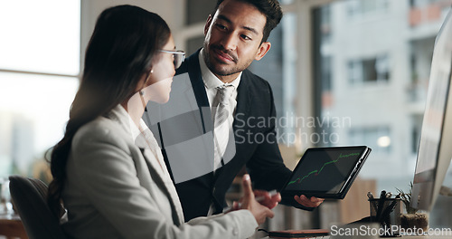 Image of Computer, tablet and professional team, stock market and consulting on NFT data, trading insight or IPO analytics. Finance partner, broker discussion and business people teamwork on crypto statistics
