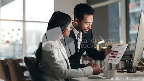 Image of Computer, tablet and professional team, stock market and consulting on NFT data, trading insight or IPO analytics. Finance partner, broker discussion and business people teamwork on crypto statistics