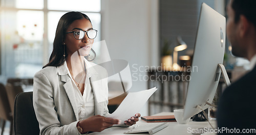 Image of Interview, human resources and handshake, business people in conversation and hiring, b2b and recruitment. Woman HR manager shaking hands, communication and networking, onboarding and collaboration