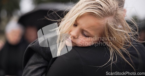Image of Sad, sleeping and a child with father at a funeral with comfort for depression while mourning. Tired, hug and a girl kid with a dad at graveyard for care and love after a family death at the cemetery