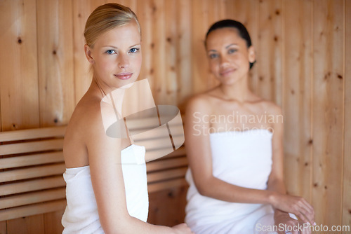 Image of Skincare, portrait and friends relax in sauna at spa for healthy detox, sweat and wellness in beauty. Luxury, treatment and women sitting with steam for anti aging, skin care and benefits to body