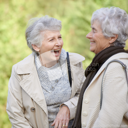 Image of Senior women, comic and laughing in nature for reunion, together and funny chat for trip in outdoor. Elderly friends, joke and silly discussion on travel vacation in england, care and social in park