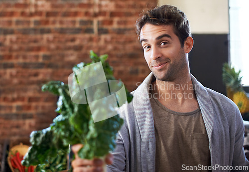 Image of Portrait, spinach or happy man shopping in supermarket for grocery sale or discounts deal. Promotion, offer or customer giving fresh produce for diet nutrition, organic vegetables or healthy food