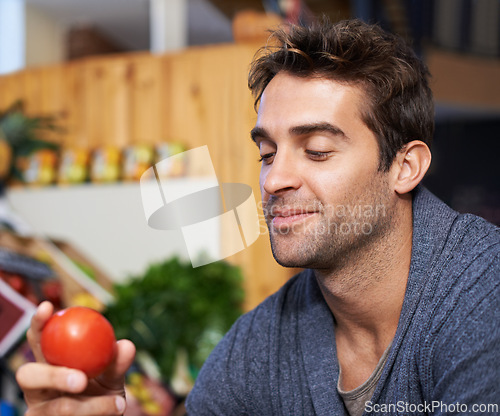 Image of Tomato, choice or man shopping at a supermarket for grocery promotions, sale or discounts deal. Smile, retail or customer buying groceries for healthy nutrition, organic vegetables or food produce