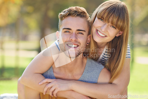 Image of Portrait, park and couple with love, hug and happiness with marriage and bonding together. Face, embrace and man with woman and cheerful relationship and outdoor for a date with fun, joyful and smile