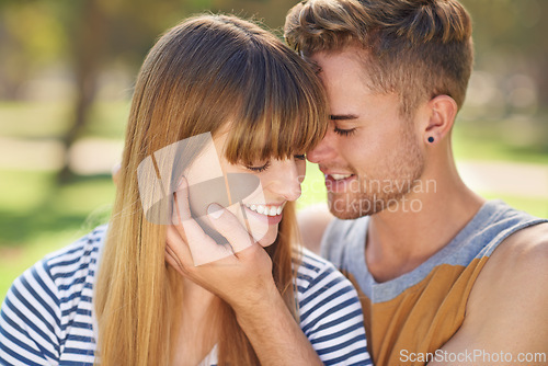 Image of Love, park and face of happy couple with care, affection and devotion to romantic partner on summer holiday in Spain. Marriage, nature and relax man with commitment to girlfriend, wife or soulmate