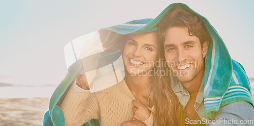 Image of Beach, towel and portrait of happy couple relax with summer sunshine, wellness or travel holiday in Spain. Care, love and romantic husband, wife or people smile for anniversary, honeymoon or date