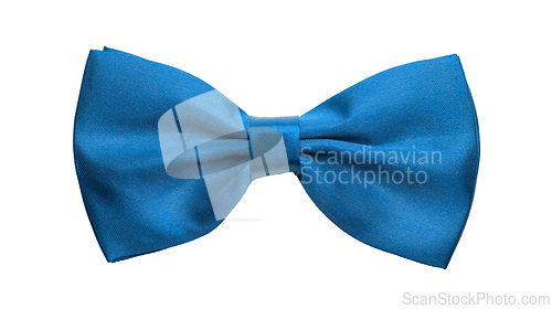Image of Blue satin bow tie, formal dress code necktie accessory