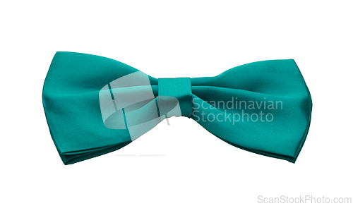 Image of Green teal satin bow tie, formal dress code necktie accessory