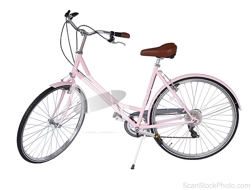 Image of Pink retro bicycle with brown saddle and handles, generic bike side view